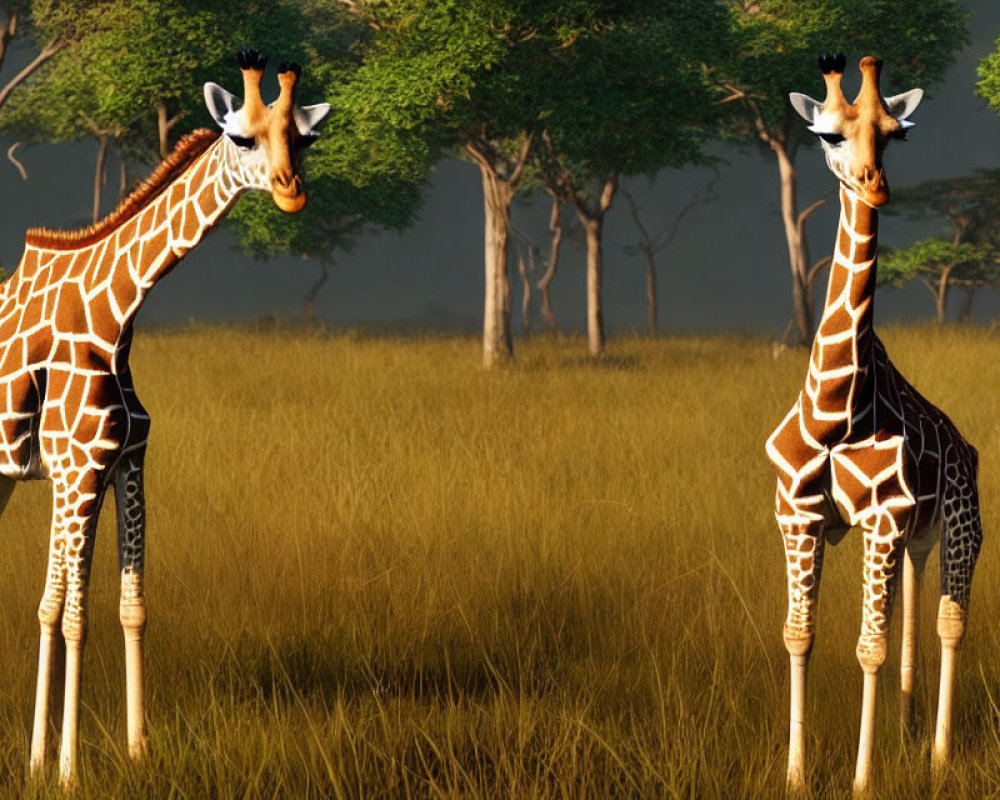 Two giraffes in savannah with tall grass and trees, one facing camera.