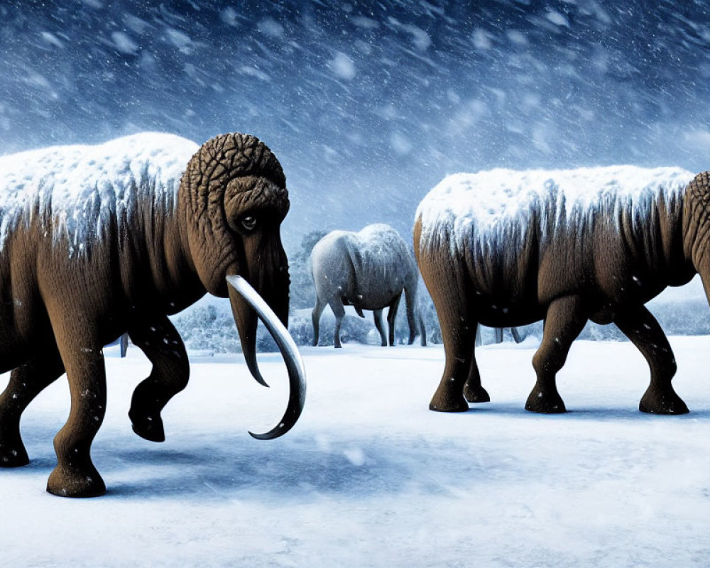 Snowy fur mammoths roaming wintry landscape under cloudy sky