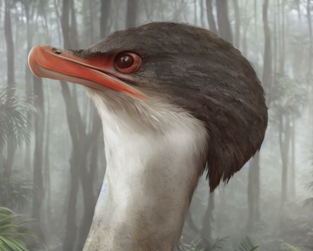 Realistic Prehistoric Bird Illustration with Gray Feathered Head and Orange Beak