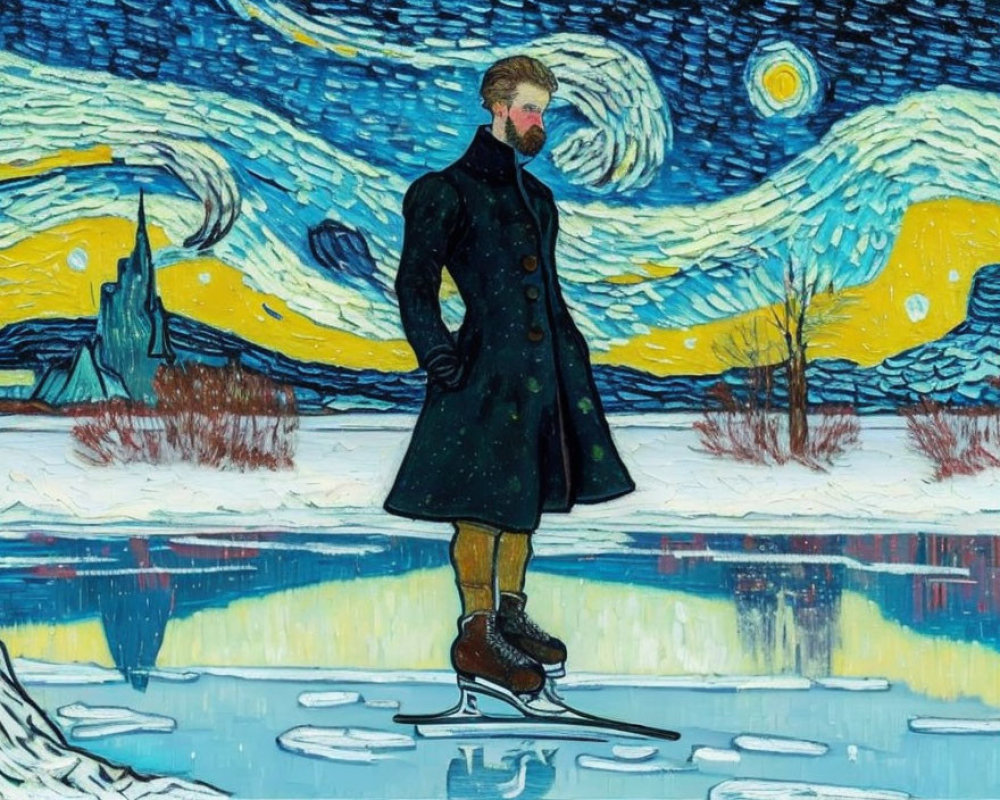 Person ice skating under starry night sky with crescent moon