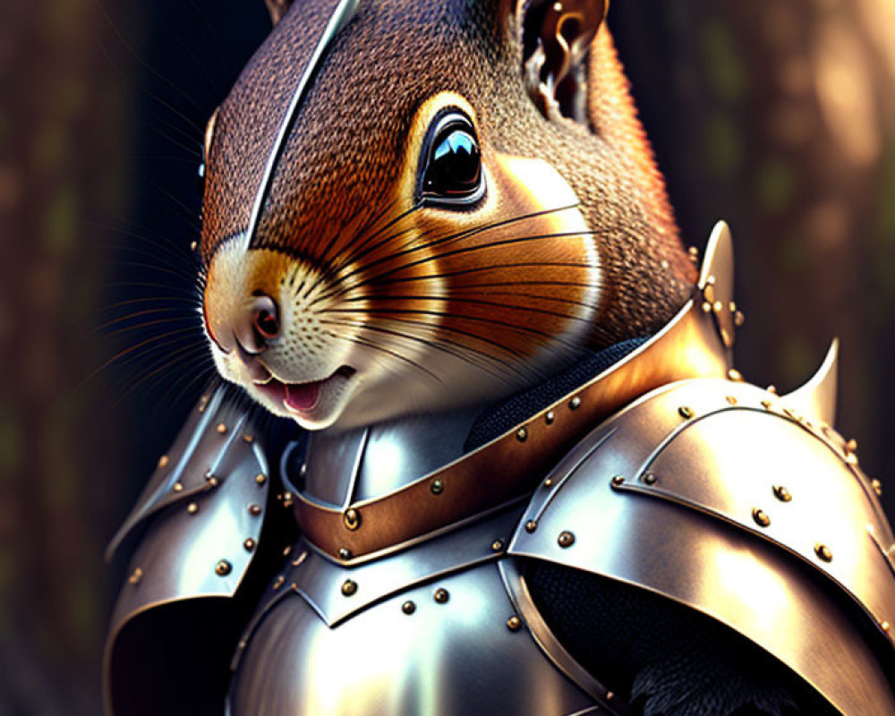 Detailed Medieval Armor-Wearing Squirrel in Forest Scene