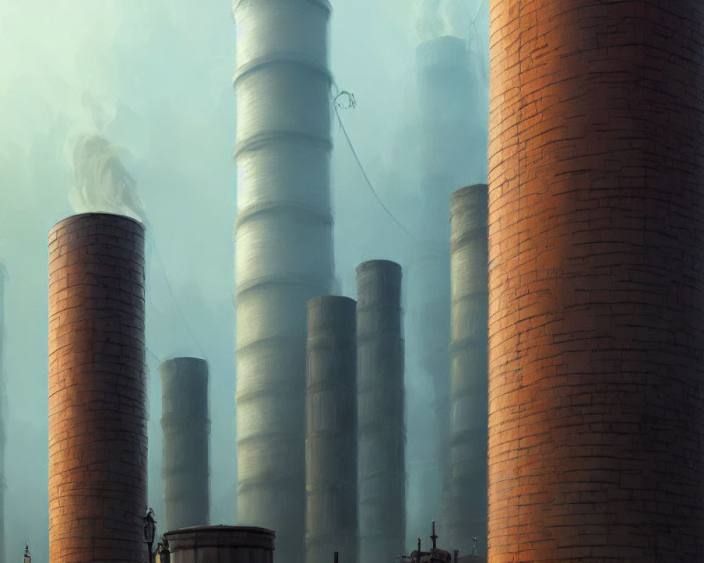 Industrial chimneys emitting smoke against hazy sky with brick textures and climbing plants.