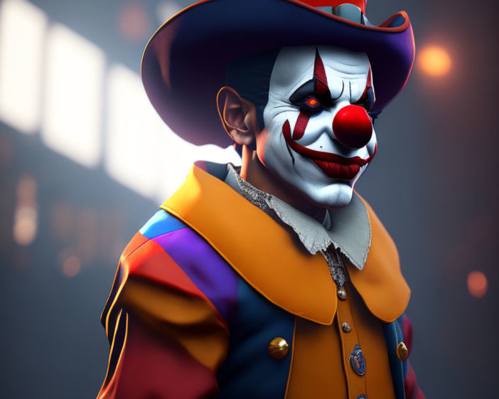 Sinister 3D-rendered clown in vibrant costume