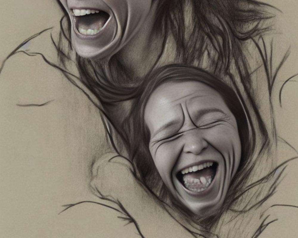 Dual pencil sketch portraits of a joyous woman on toned paper with dynamic lines.