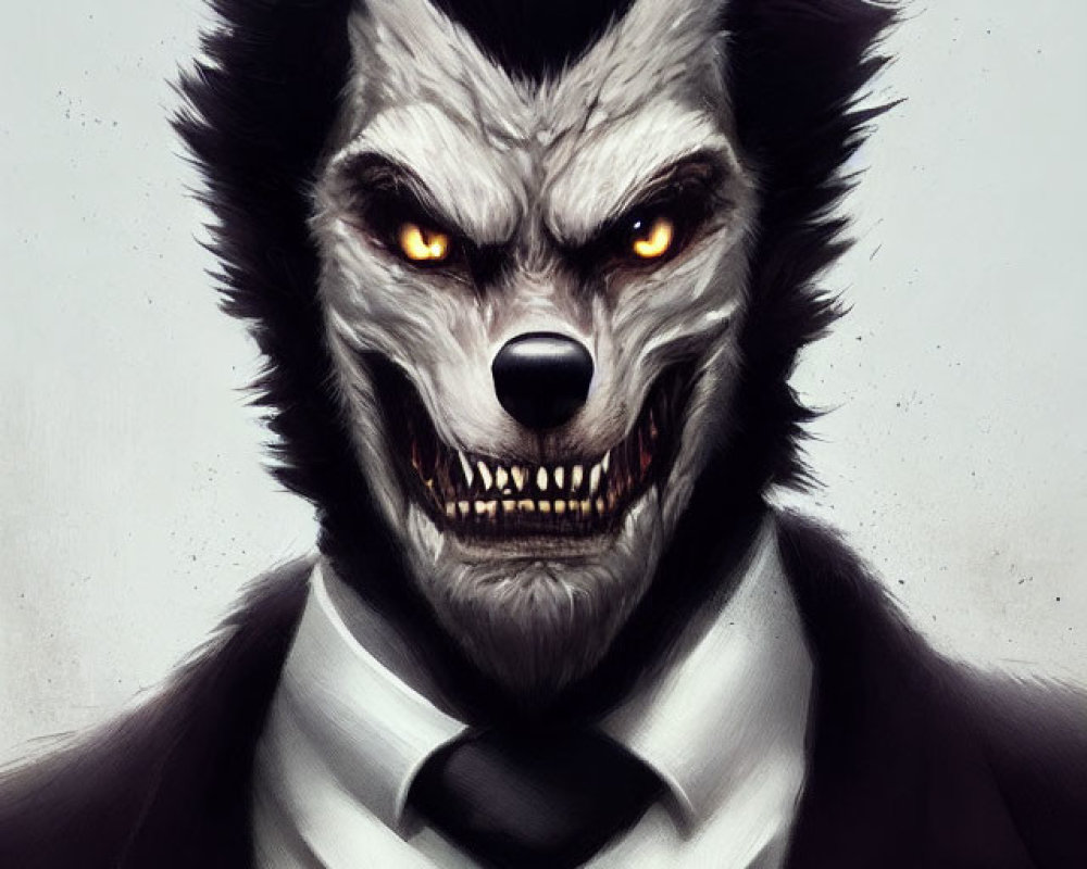 Menacing werewolf in suit with glowing eyes and bloodstained collar