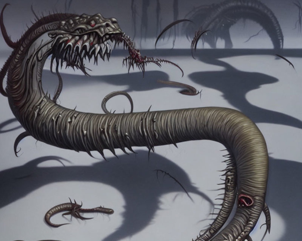 Detailed artwork of monstrous serpent-like creature with sharp teeth, red eyes, segmented body, casting shadow on