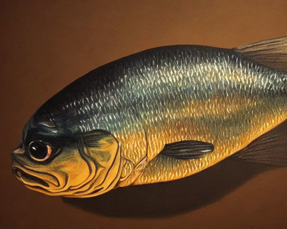 Realistic Fish Painting with Gold, Green, and Black Scales on Brown Background