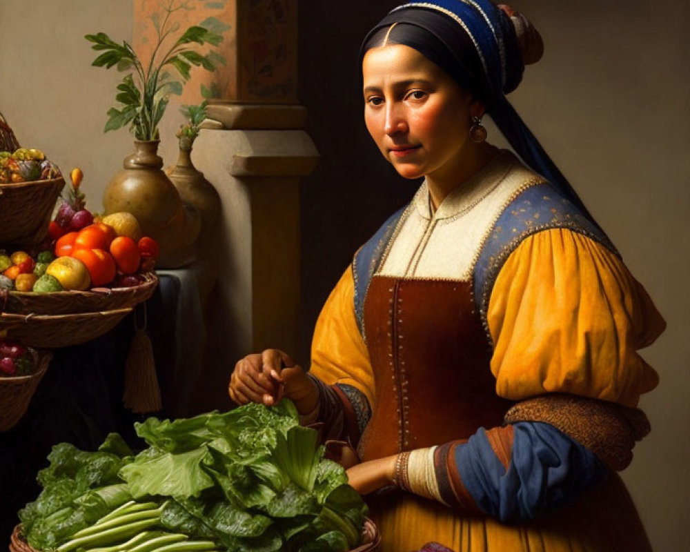 Traditional dress woman with fresh vegetables in classic painting style