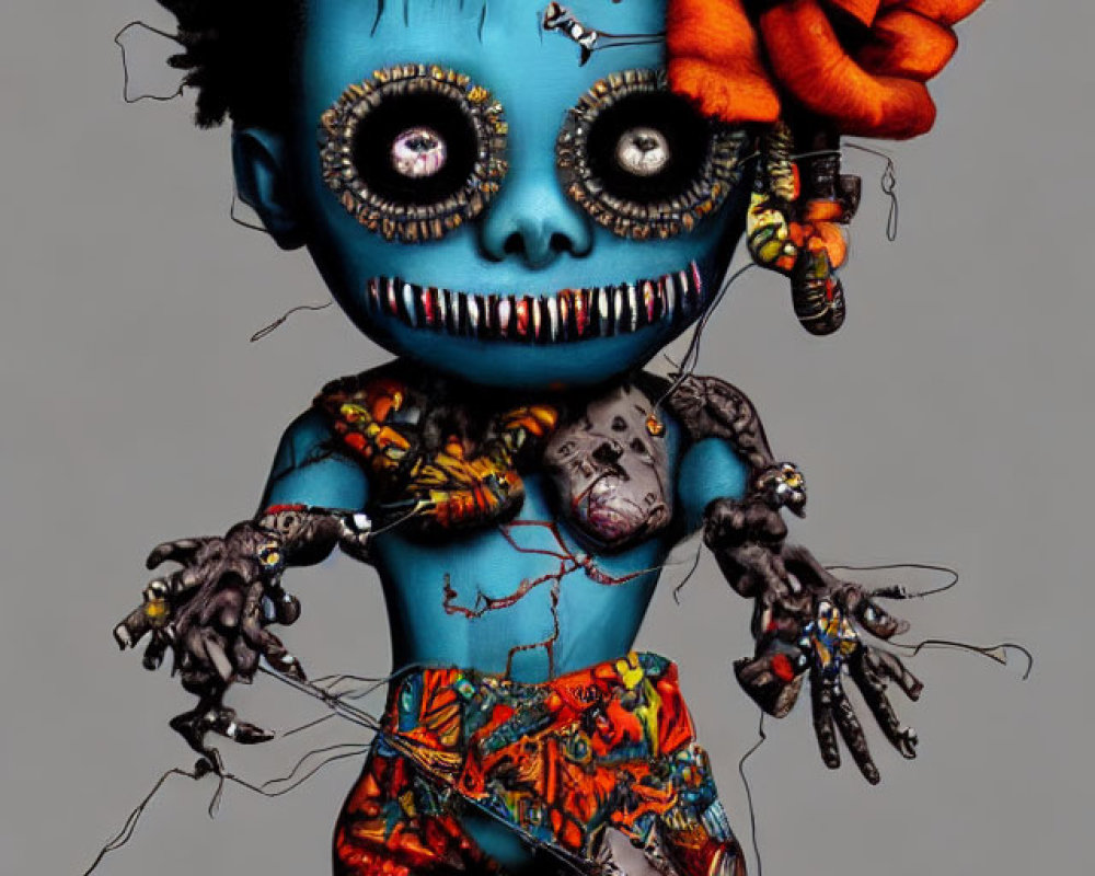 Blue-skinned figure with orange flower and vibrant shorts: A stylized artistic representation.