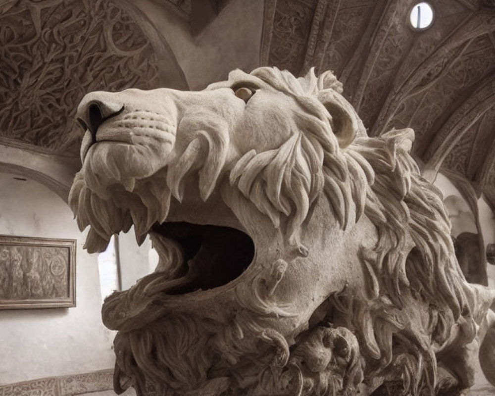 Stone lion sculpture in ornate medieval room