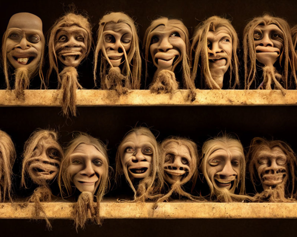 Unique stylized masks with exaggerated features on dark shelves