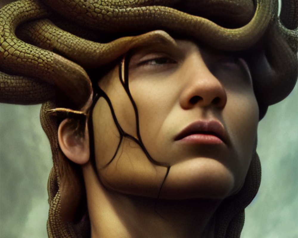 Serene person with live snakes resembling Medusa.