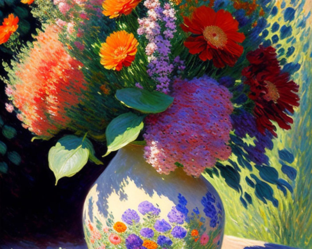 Colorful Bouquet of Flowers in Vase Painting with Sunlight on Dark Background