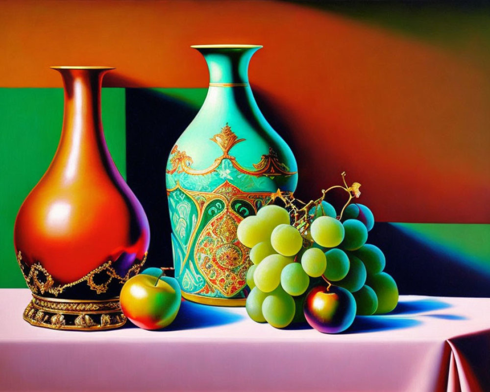 Ornate vases and fruits on draped table against colorful backdrop