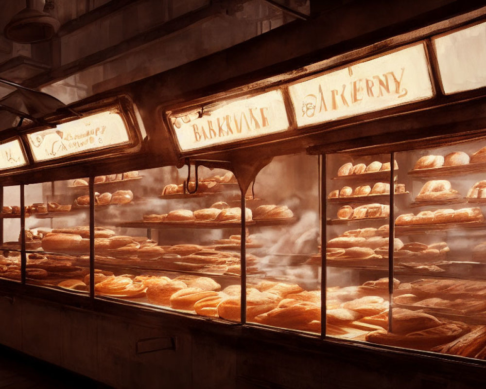 Cozy bakery interior with shelves of fresh bread and pastries