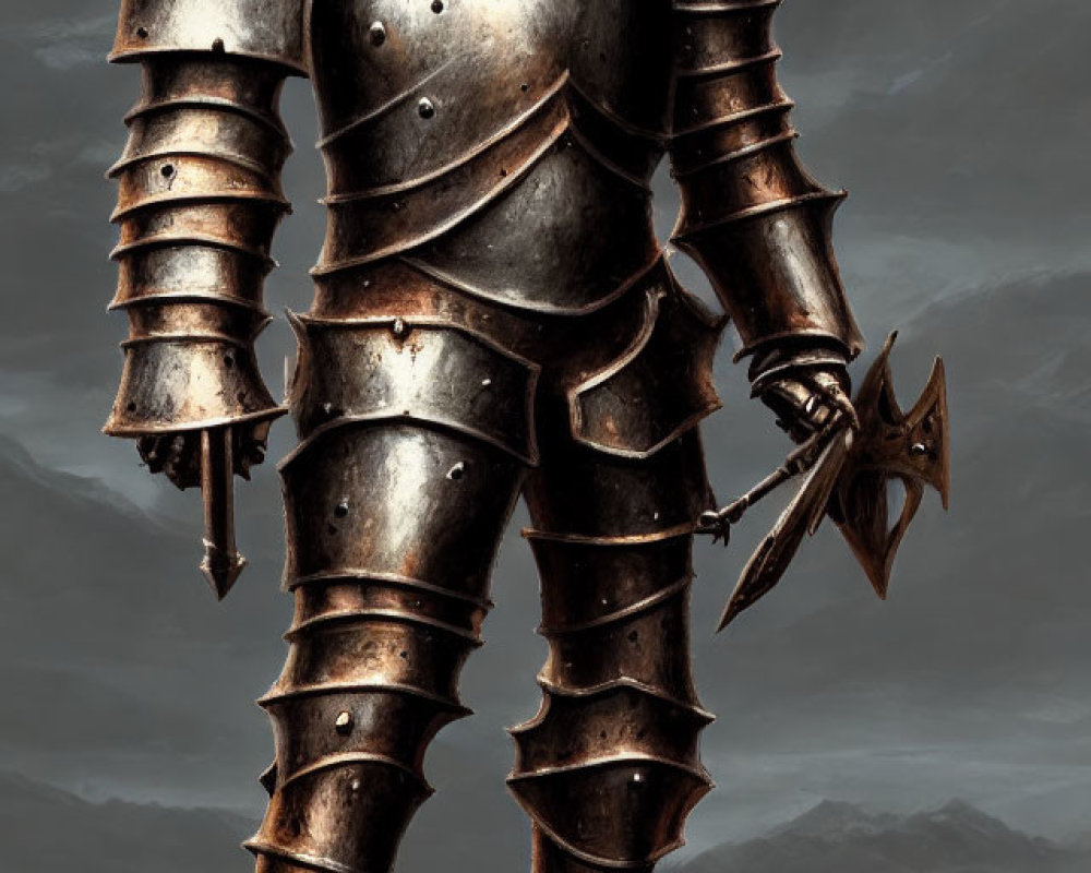 Medieval knight in full plate armor with flanged mace in brooding landscape