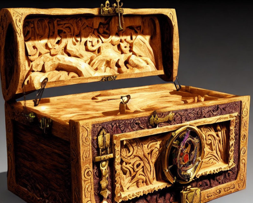 Intricately Carved Wooden Chest with Animal Figures and Colorful Emblem