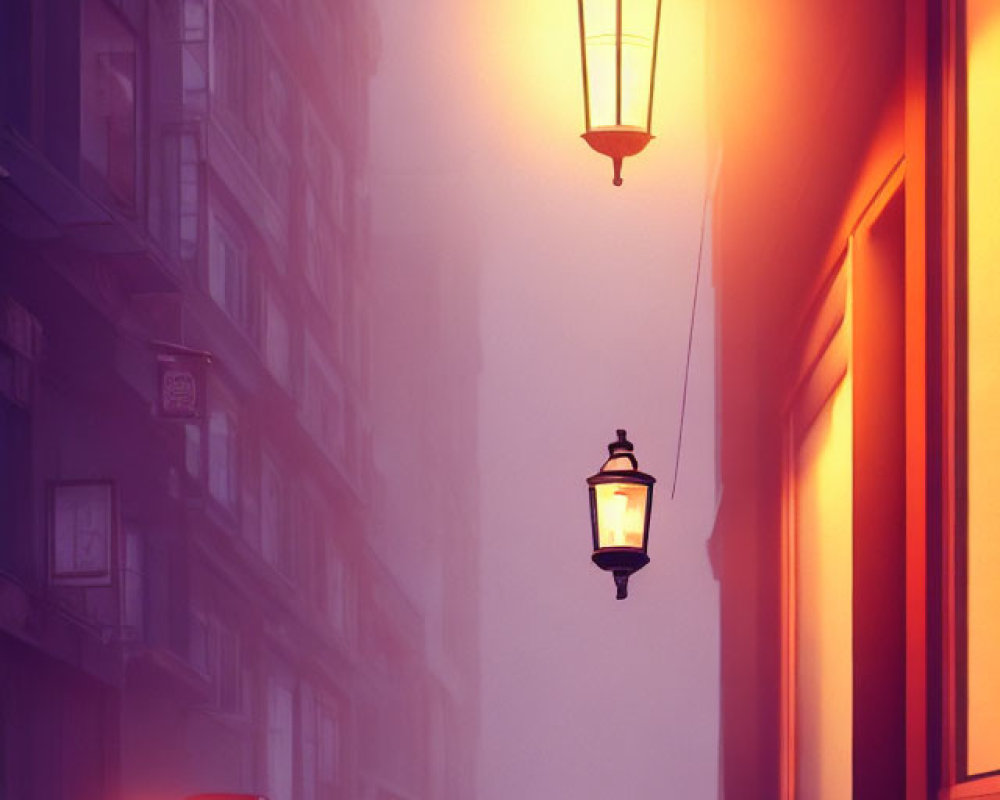 Foggy urban street at twilight with glowing street lamps and car silhouette