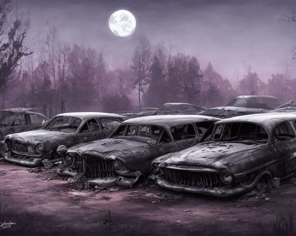 Desolate full moon abandoned car graveyard scene