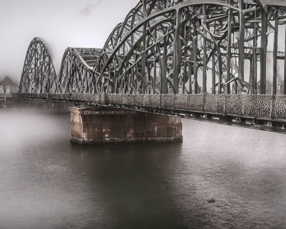 Misty scene with old metal bridge and red-roofed building