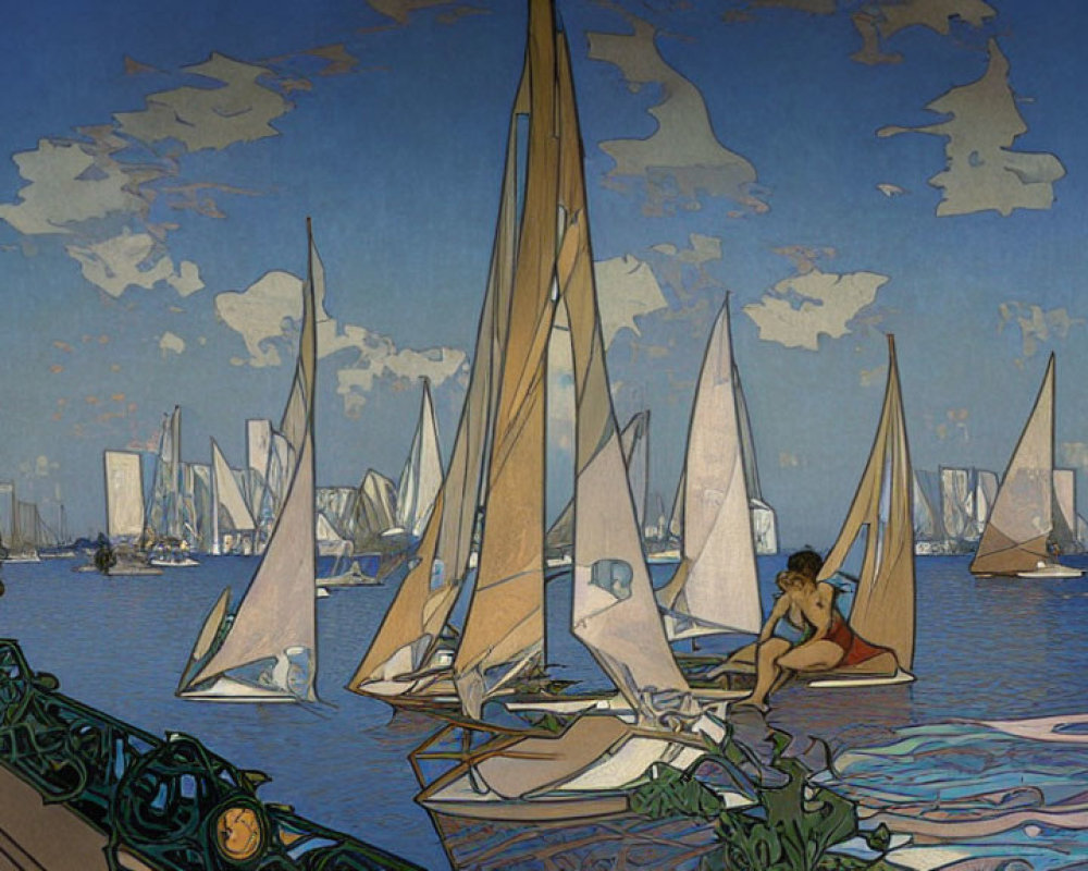 Stylized Art Nouveau seascape with sailboats and lounging couple