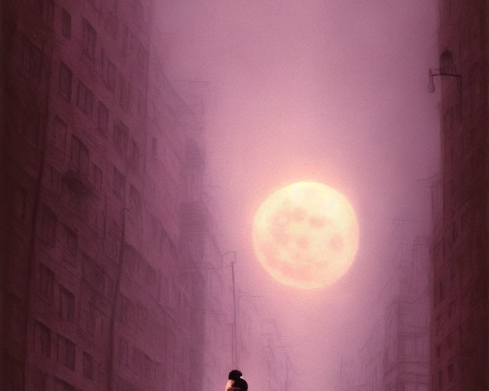 Ballerina in misty street with glowing moon