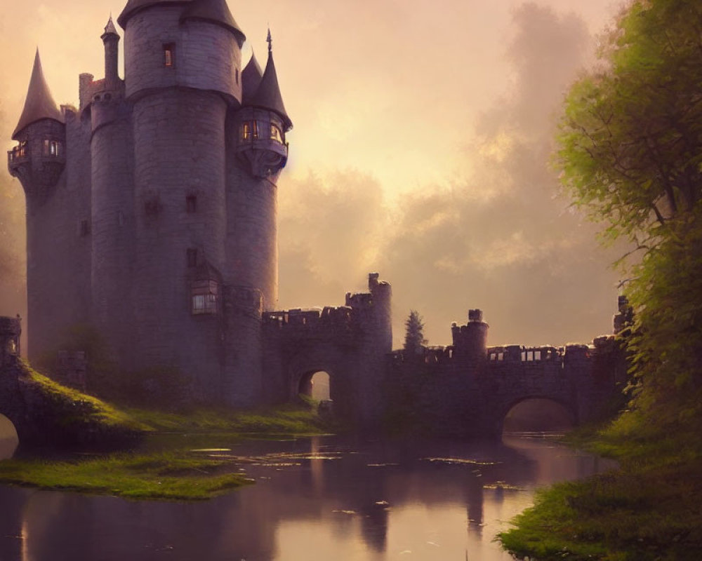 Majestic castle surrounded by river and greenery in warm light