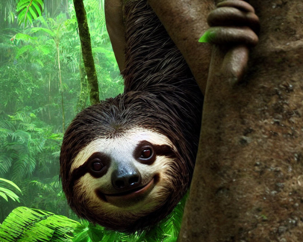 Gentle sloth hanging in lush green jungle