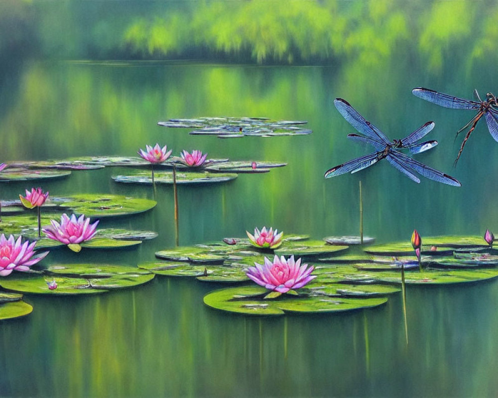 Tranquil Pond with Water Lilies and Dragonflies