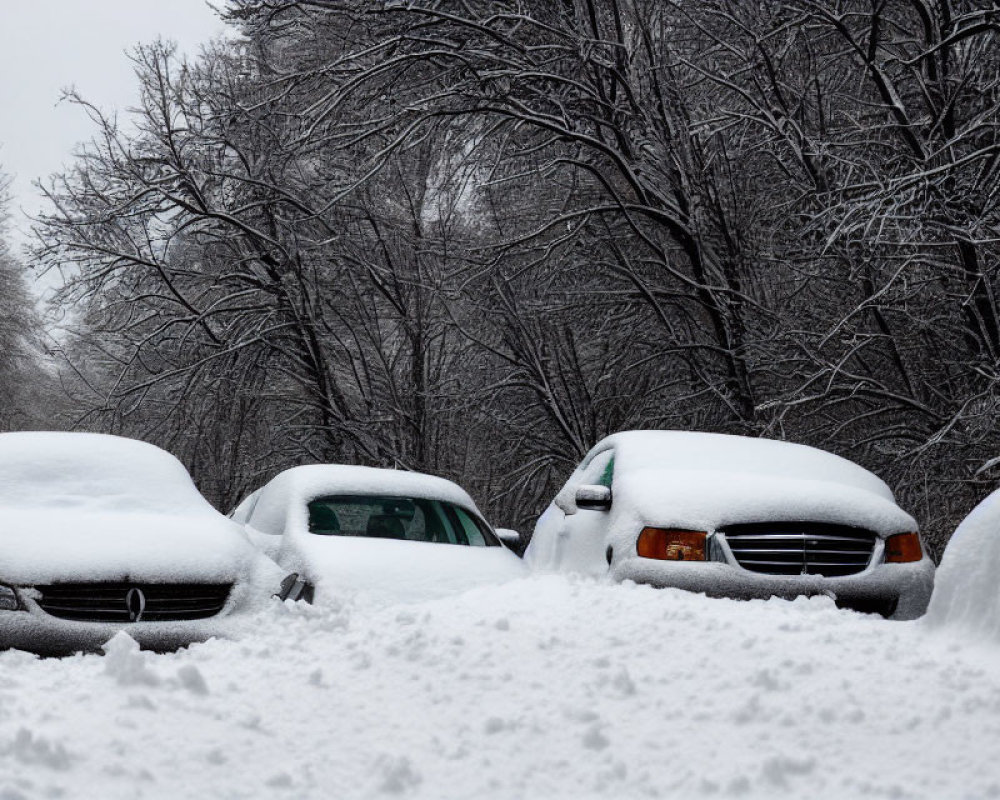 Snow-covered cars and trees on street in winter scene.