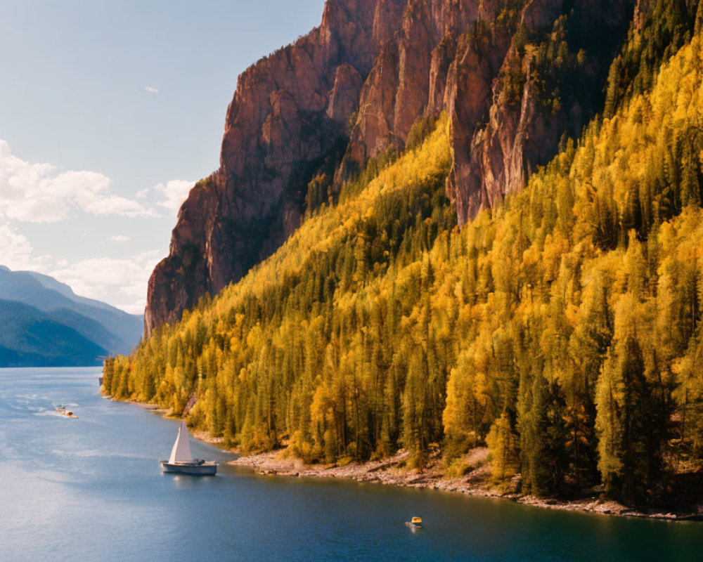 Tranquil lake scene with sailboat, autumn forest, and cliffs