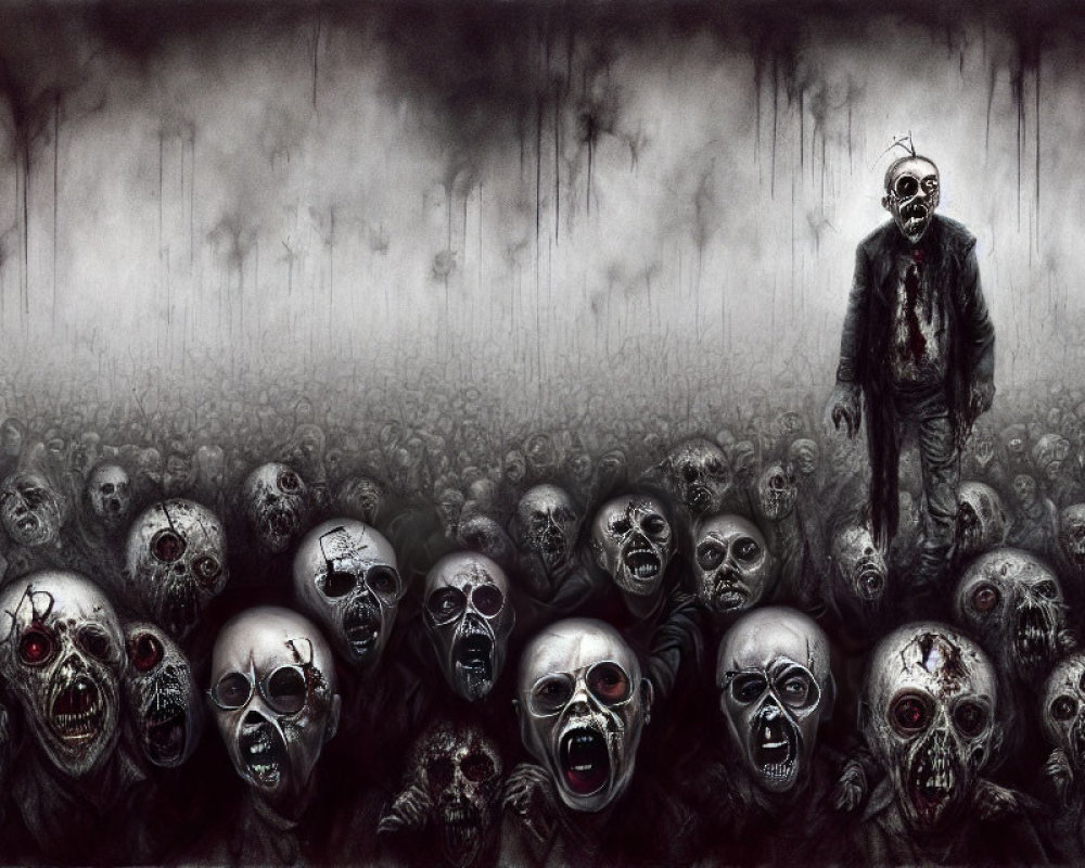 Monochrome artwork: Figure surrounded by zombie-like faces.