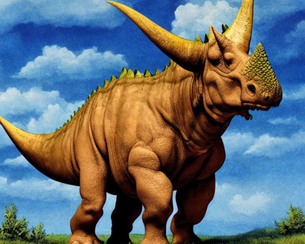 Triceratops dinosaur in grassy landscape with blue sky