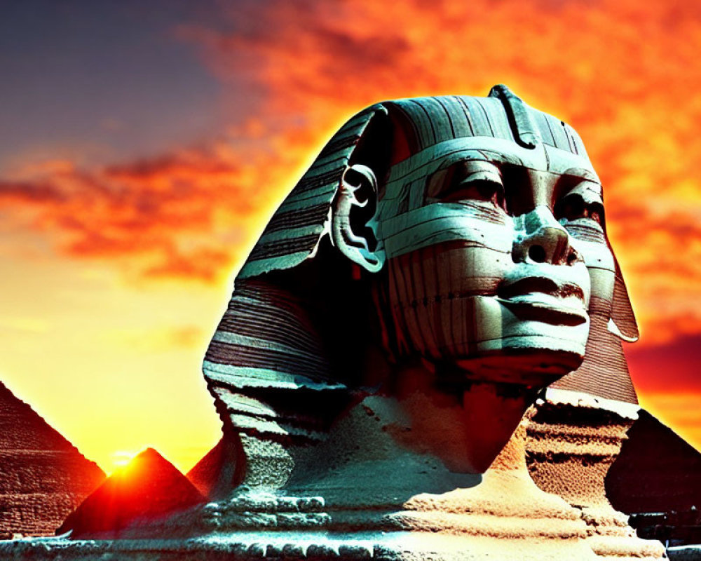 Ancient Sphinx and Pyramids at Sunset Sky