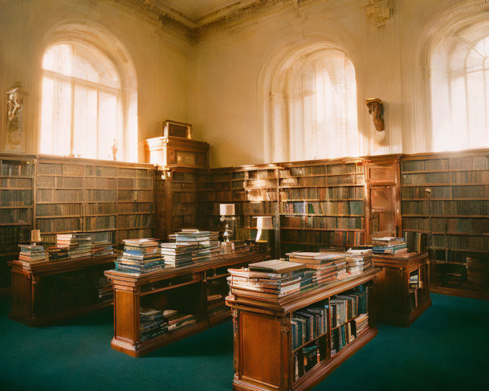 Classical library room with wood-paneled walls and book-filled shelves