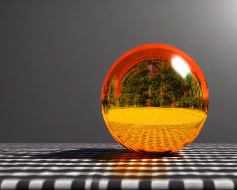 Orange Glass Sphere on Checkered Surface Reflecting Surrounding Greenery and Sky