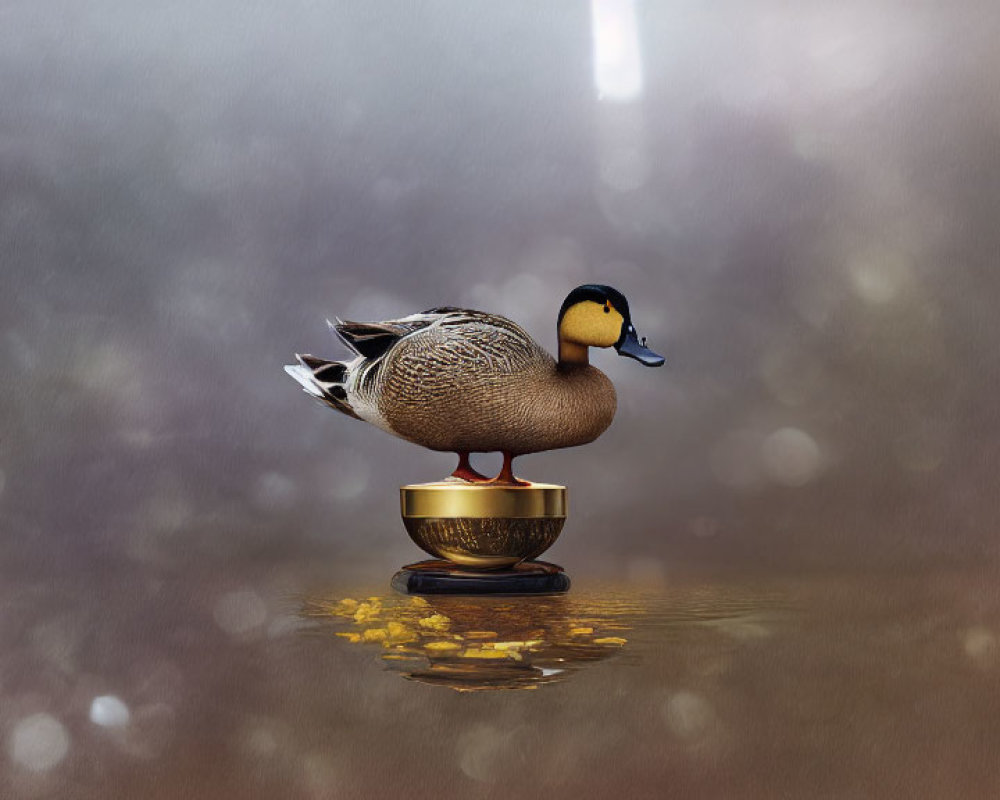 Mallard duck on golden pedestal surrounded by water