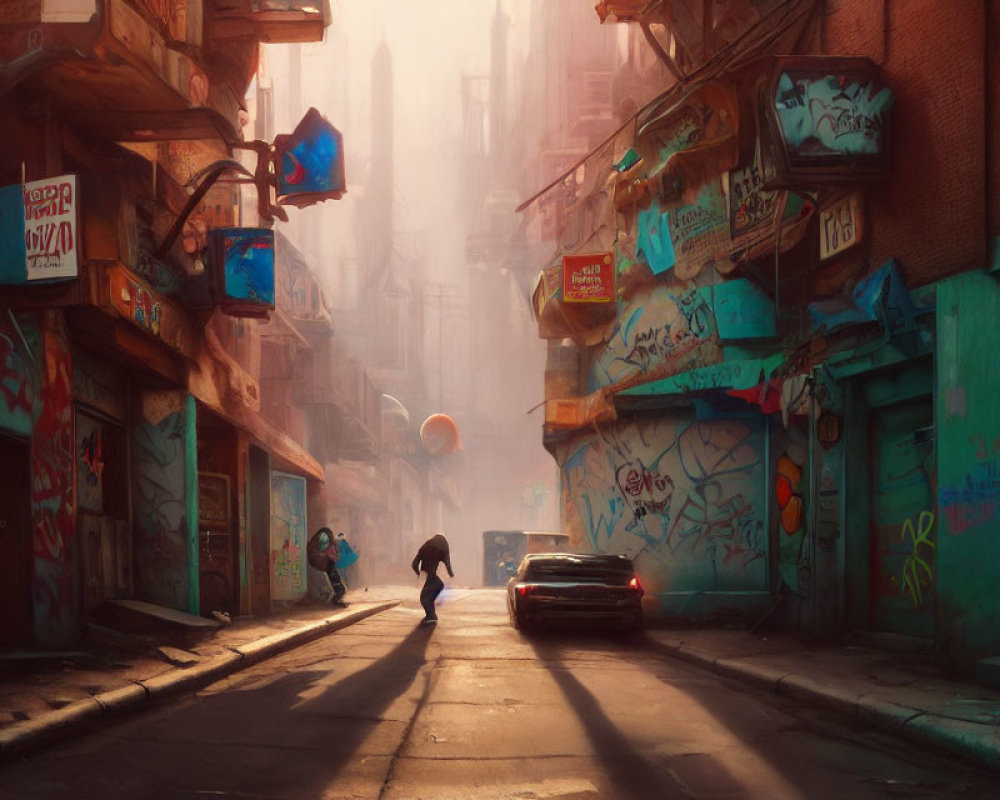 Colorful Graffiti Alleyway with Lone Car and Person Walking at Sunrise or Sunset