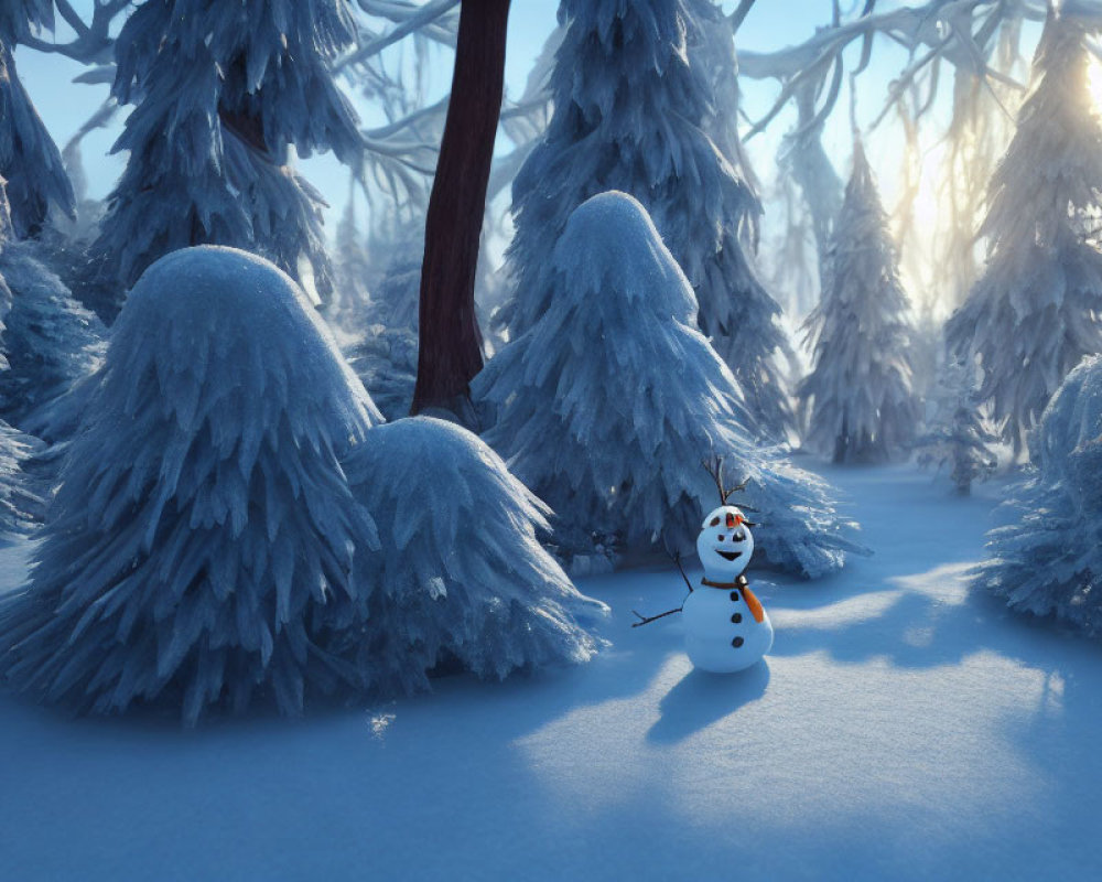 Snowman in snowy forest with sunbeams