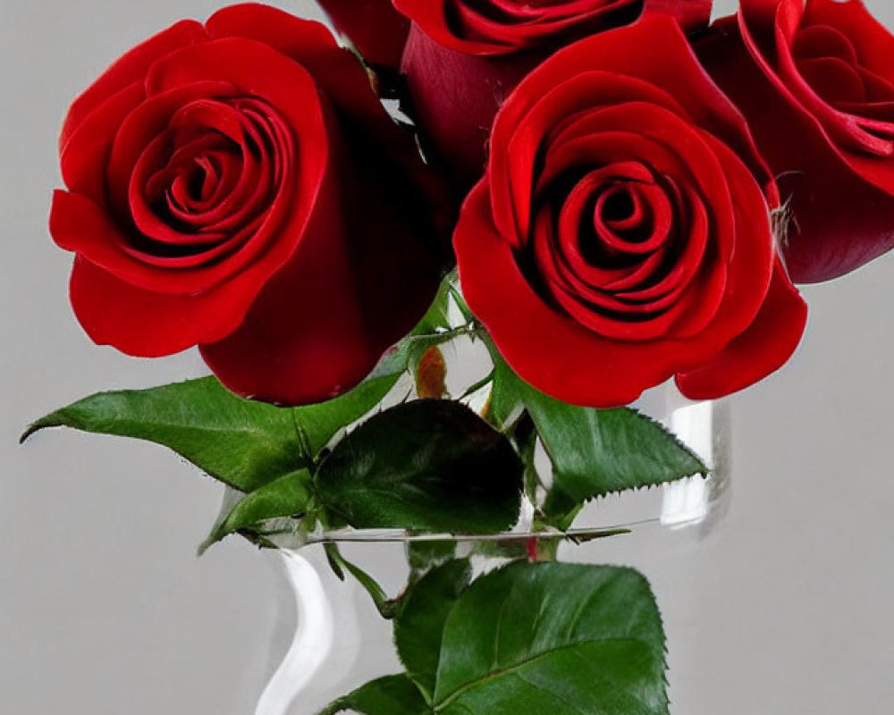 Vibrant Red Roses Bouquet in Clear Glass Vase on Gray Background