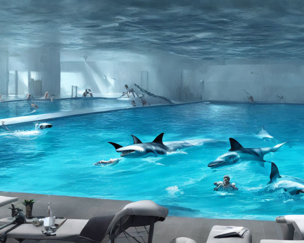 Indoor Pool with Underwater Theme and Dolphin Sculptures