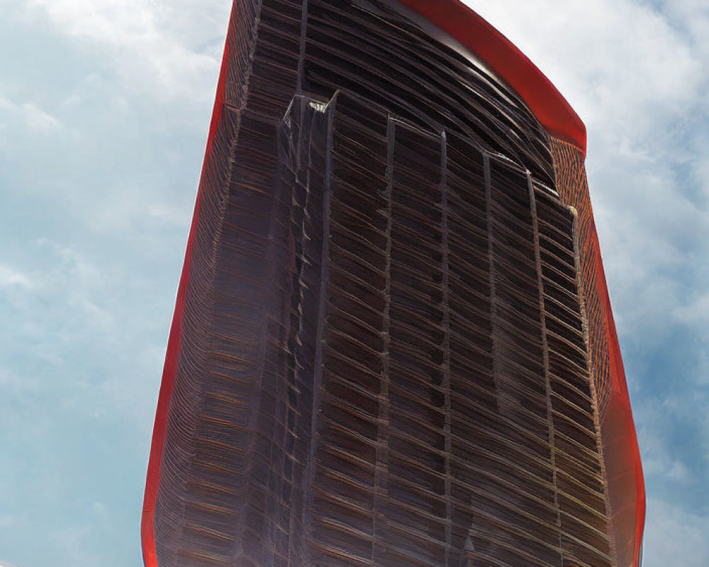 Modern high-rise building with red top and vertical louvers under blue sky