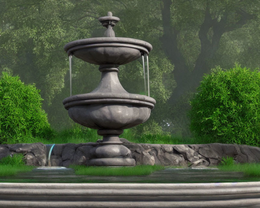 Tranquil park scene with stone water fountain and lush greenery