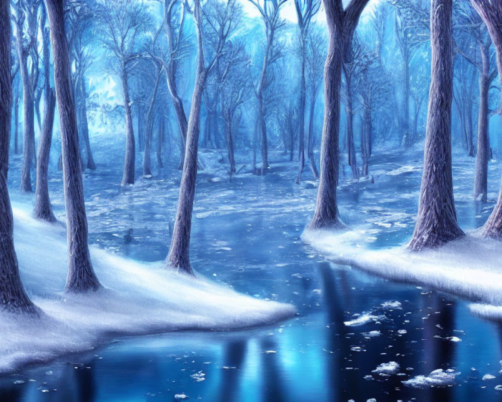 Snow-covered trees reflected in icy blue stream with white flowers - Winter Forest Scene