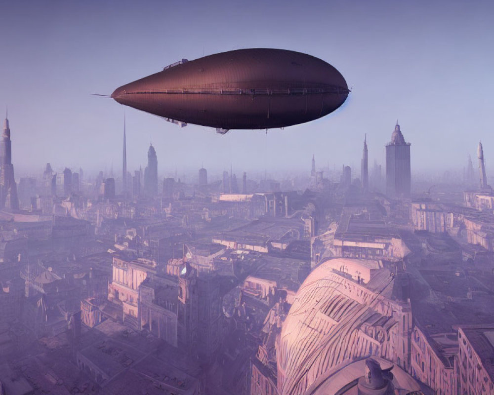 Retro-futuristic airship over misty purple cityscape