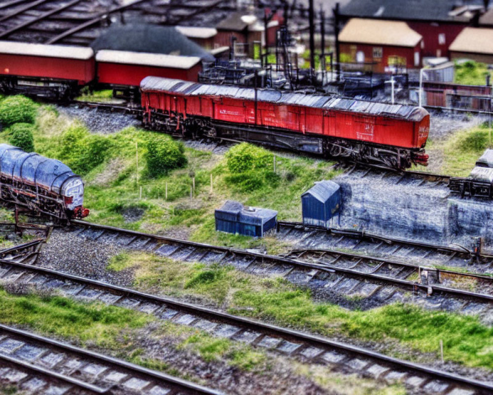 Detailed miniature model train scene with colorful tracks, cars, buildings, and foliage