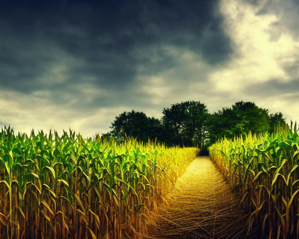 Winding dirt path in lush cornfield under stormy sky