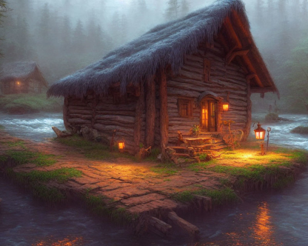 Riverside wooden cabin with thatched roof in misty forest setting