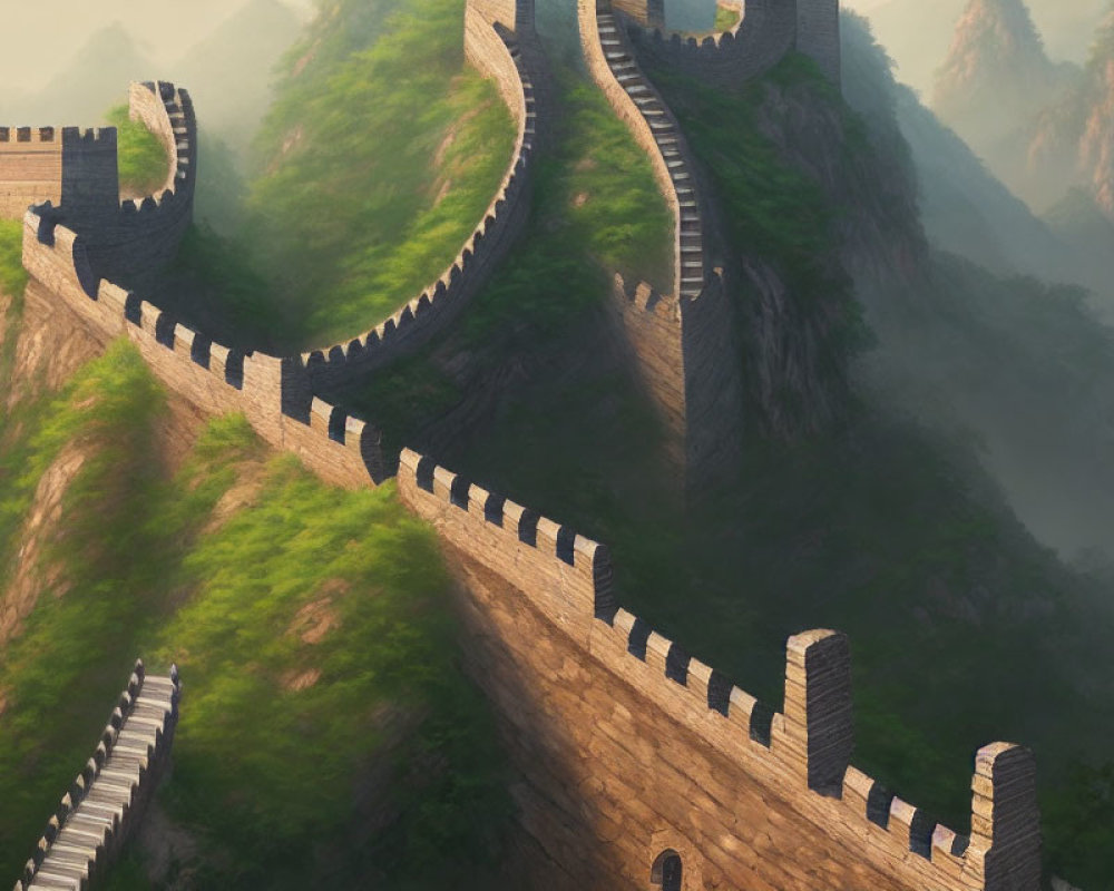 Great Wall of China winding through lush greenery and misty mountains under soft light