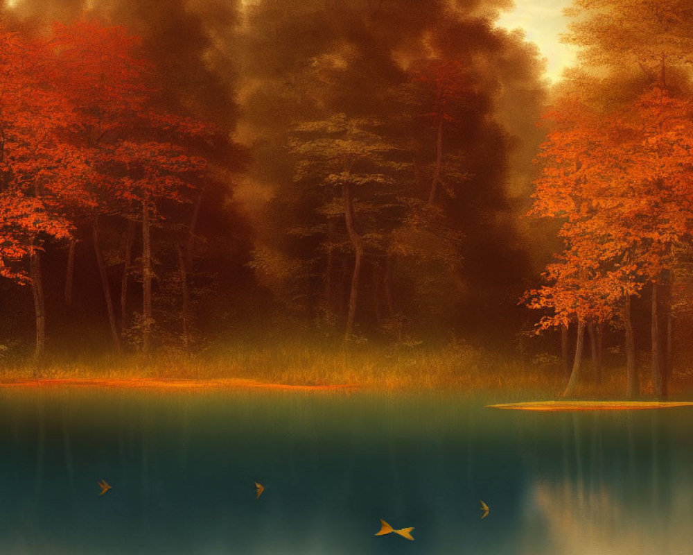 Golden-red trees reflecting on tranquil lake in warm light